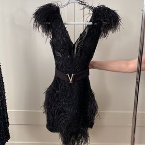 Portia and Scarlett, black beaded cocktail dress with fur cap sleeves